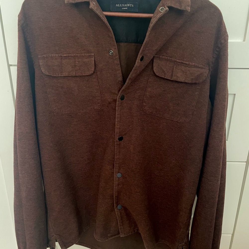 ALLSAINTS Men’s Preowned Brown With Black Accent L Snap Long Sleeve Shirt